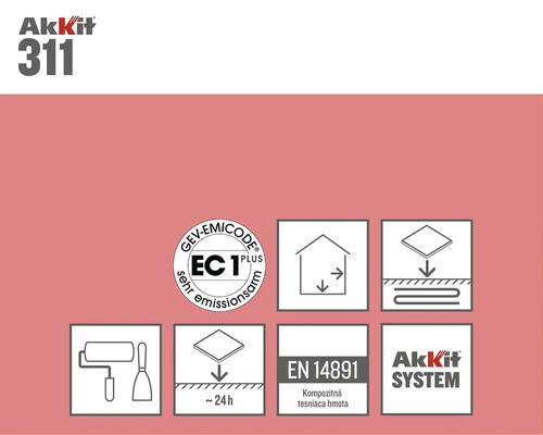 Informácie o produkte Akkit 311 s pečaťou Emicode, symbolom pre vnútorné použitie, symbolom pre podlahové kúrenie, symbolom pre dobu vytvrdnutia 24 hodín, pečaťou EN 14891 a logom Akkit System.