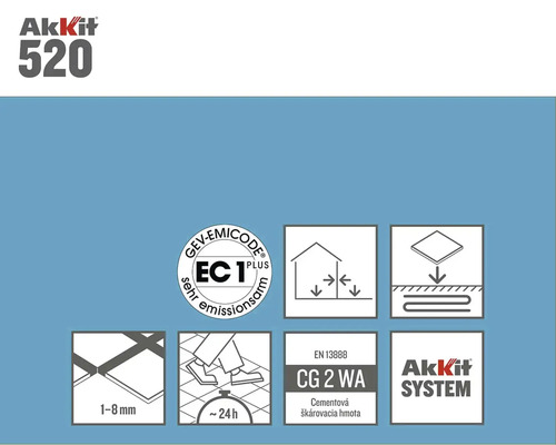 Informácie o produkte Akkit 520 s pečaťou GEV Emicode, informácie o šírke škáry, dobe vytvrdnutia a klasifikácii EN 13888 CG 2 WA.