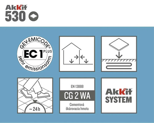 Akkit 530 podrobnosti o produkte: Nízke emisie, vhodné do interiéru, pre podlahové kúrenie, pochôdzne po cca 24 hodinách, EN 13888 CG 2 WA, logo Akkit System.