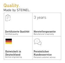 Vlastnosti produktu Steinel: certifikovaná kvalita, trojročná záruka výrobcu, vyvinuté v Nemecku, osobný zákaznícky servis