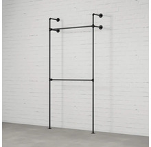 Čierny nástenný vešiak na oblečenie z kovových rúrok s dvoma tyčami na šaty