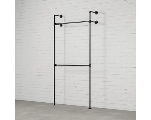 Čierny nástenný vešiak na oblečenie z kovových rúrok s dvoma tyčami na šaty