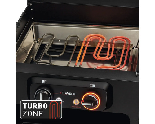 Detailný pohľad na gril eFlavour s funkciou Turbo Zone a vykurovacími telesami.