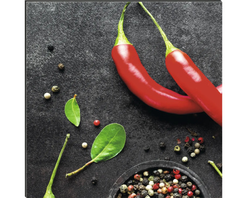 Dve červené chilli papričky a korenie na tmavom pozadí