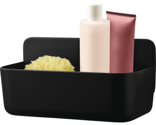 Čierny sprchový košík s hubkou, pleťovou vodou a tubou