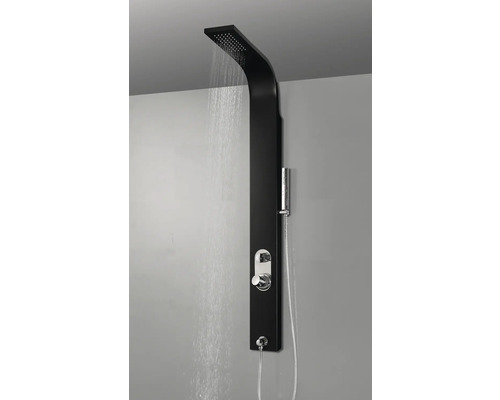 Čierny sprchový panel s dažďovou sprchovou hlavicou a ručnou sprchou