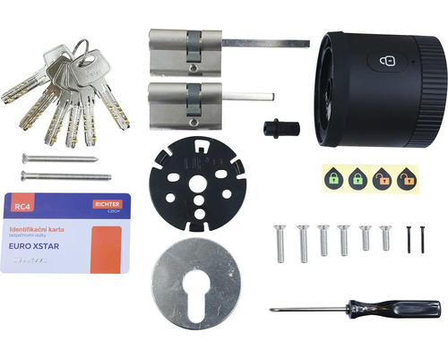 Súprava inteligentného zámku s vložkami zámku, kľúčmi, montážnym materiálom a skrutkovačom