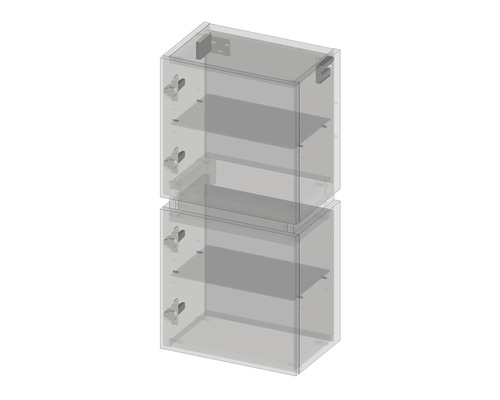 Dve priehľadné policové skrine naskladané na sebe, každá s dvoma policami