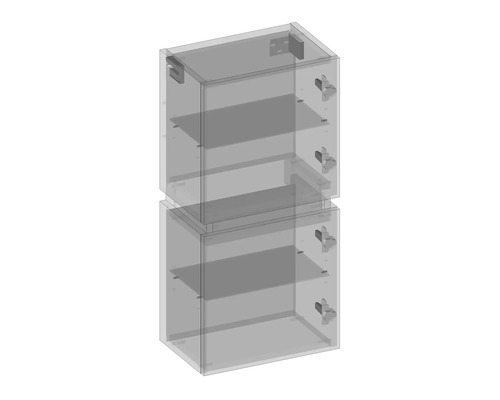 Dve priehľadné skrine s policami naskladané na seba.