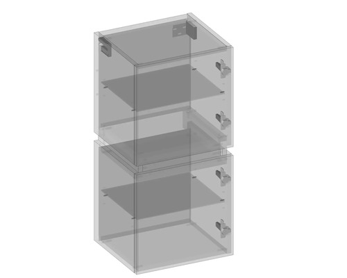 Dve kuchynské skrinky naskladané na seba s policami