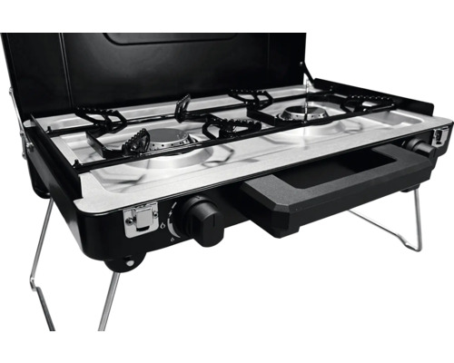 Prenosný plynový varič s dvoma horákmi a nožičkami