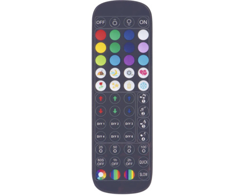 Diaľkové ovládanie osvetlenia s rôznymi tlačidlami pre farbu, jas a režim