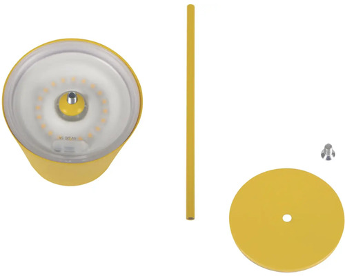 Žltá LED stolná lampa v jednotlivých častiach s podstavcom, tyčou, lampou a skrutkou