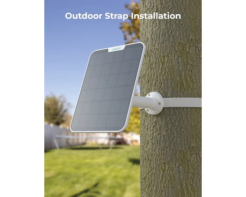 Solárny panel Reolink s upevňovacím popruhom namontovaný na strome.