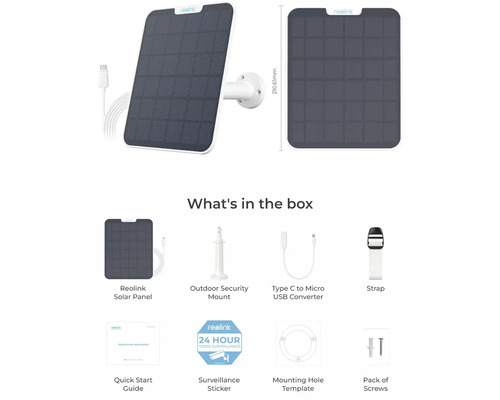 Solárny panel Reolink s držiakom, prevodník typu C na Micro-USB, montážne príslušenstvo a nálepka pre dohľad