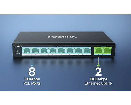 Logo spoločnosti Reolink. Sieťový prepínač s ôsmimi portami PoE 100 Mb/s a dvoma portami Ethernet Uplink 1 000 Mb/s