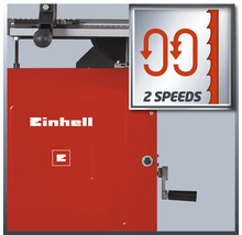 Detailný pohľad na pásovú pílu Einhell s logom Einhell a symbolom pre dve rýchlosti.