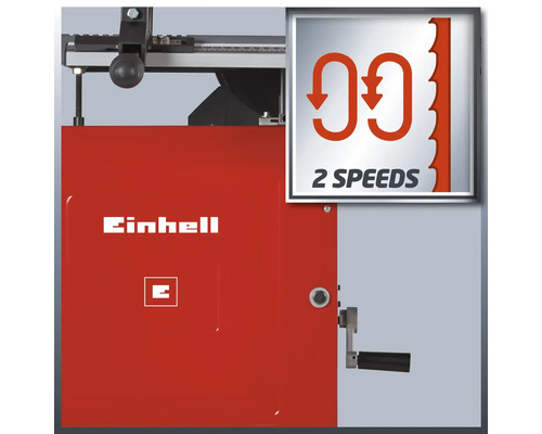 Detailný pohľad na pásovú pílu Einhell s logom Einhell a symbolom pre dve rýchlosti.