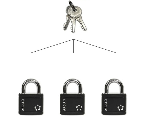 Tri visiace zámky Apollo s kľúčmi