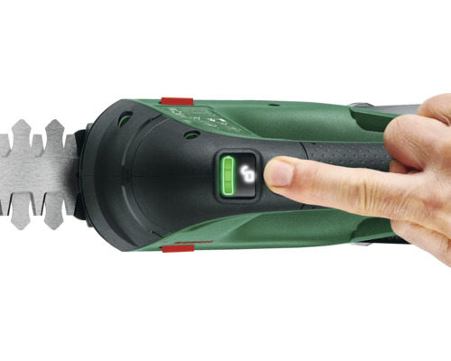 Detailný záber nožníc na živý plot s indikátorom batérie a ovládaním