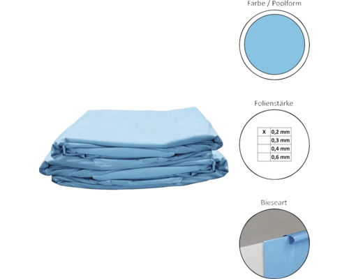 Bazénová fólia s informáciami o farbe, tvare, hrúbke fólie a type lemu.