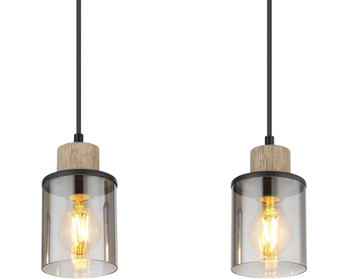 Dve závesné svietidlá s dreveným nadstavcom a skleneným tienidlom