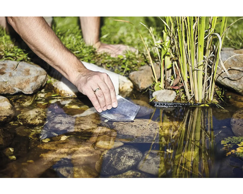 Osoba odoberá vzorku vody zo záhradného jazierka
