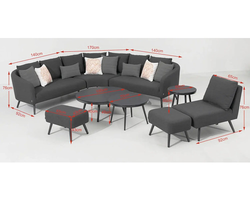 Súprava záhradného nábytku s rohovou sedačkou, ležadlom, dvoma okrúhlymi stolmi a dvoma stoličkami