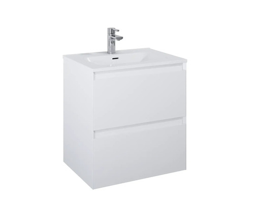 Biela umývadlová skrinka s dvoma zásuvkami a batériou