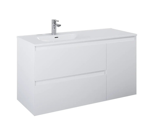 Biela skrinka pod umývadlo s dvomi zásuvkami a úložným priestorom vrátane vodovodnej batérie.