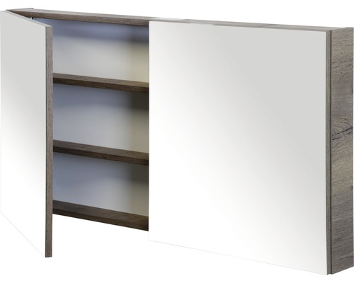 Zrkadlová skrinka s dreveným dekorom a úložnými policami