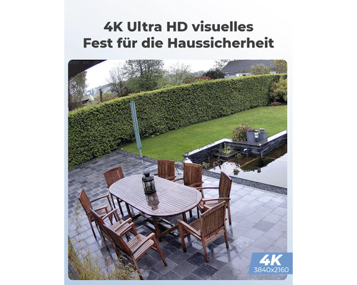 Scéna záhrady so stolom a stoličkami, natočená vo 4K Ultra HD pre zabezpečenie domácnosti