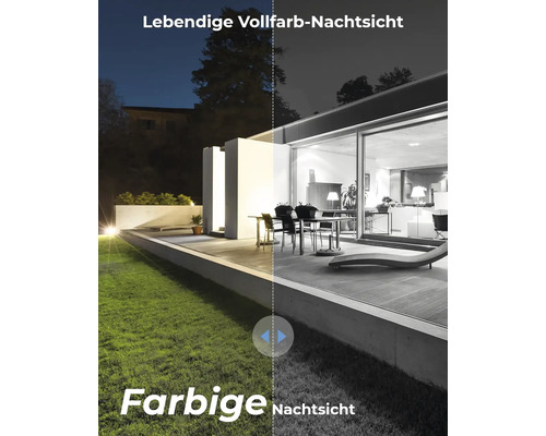 Znázornenie funkcie farebného nočného videnia vo vonkajšom priestore domu.