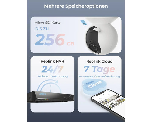 Niekoľko možností ukladania pre kameru Reolink: Micro SD karta až 256 GB, Reolink NVR 24/7 videozáznam, Reolink Cloud 7 dní bezplatného videozáznamu