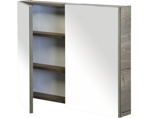 Zrkadlová skrinka s otvorenými dverami a niekoľkými policami