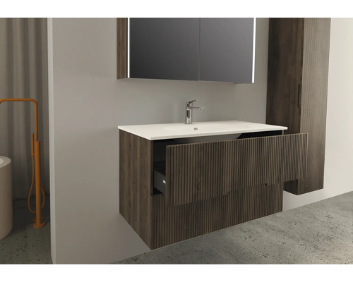 Kombinácia umývadla s umývadlom, zrkadlovou skrinkou a vysokou skrinkou v kúpeľni