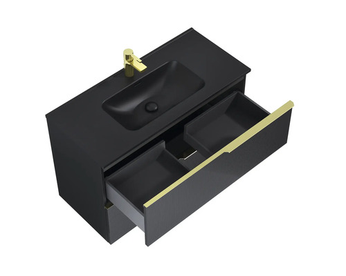 Umývadlo so skrinkou, otvorenou zásuvkou a batériou