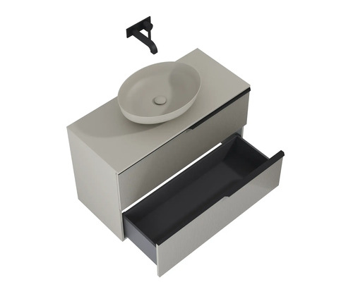 Umývadlová kombinácia s umývadlom na dosku a otvorenou zásuvkou a nástennou batériou