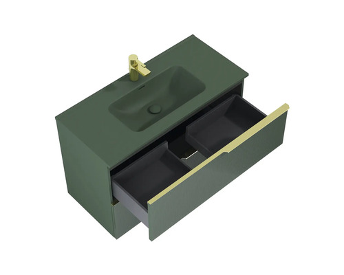 Skrinka pod umývadlo s otvorenou zásuvkou a zapusteným umývadlom