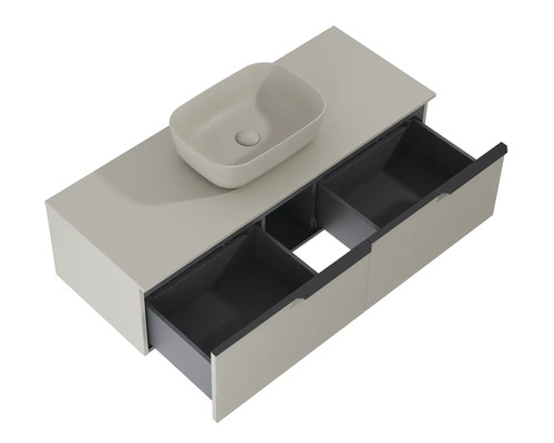 Skrinka pod umývadlo s umývadlom na dosku a otvorenými zásuvkami do kúpeľne