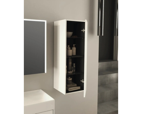 Kúpeľňa so závesnou zrkadlovou skrinkou s otvorenými dverami a niekoľkými úložnými policami