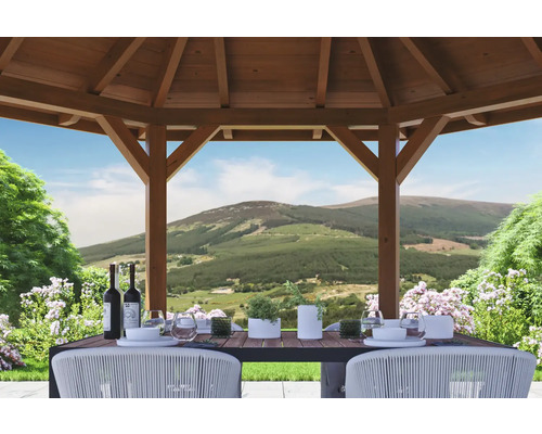 Drevený záhradný altánok so stolom a stoličkami