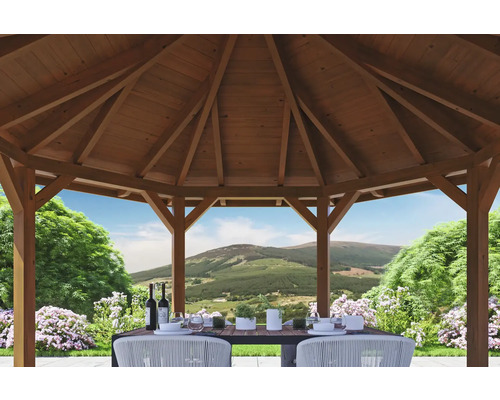 Drevený záhradný altánok s jedálenským stolom a výhľadom do krajiny