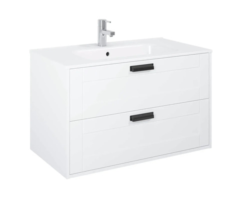 Biela skrinka pod umývadlo s dvomi zásuvkami a umývadlom na dosku