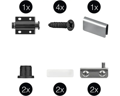 Sada nábytkového kovania pozostávajúca z uzáveru, skrutiek, protiusu, plastovej krytky, dištančnej vložky a pántu