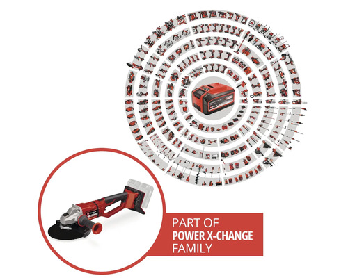 Akumulátorová uhlová brúska Einhell z radu Power X-Change s akumulátorom a výberom ďalšieho náradia.