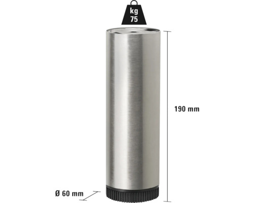 Kovová nábytková noha s rozmermi 60 mm v priemere a 190 mm na výšku, nosnosť 75 kg
