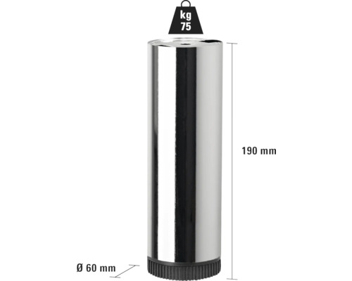 Nábytková noha z kovu, výška 190 mm, priemer 60 mm, nosnosť 75 kg