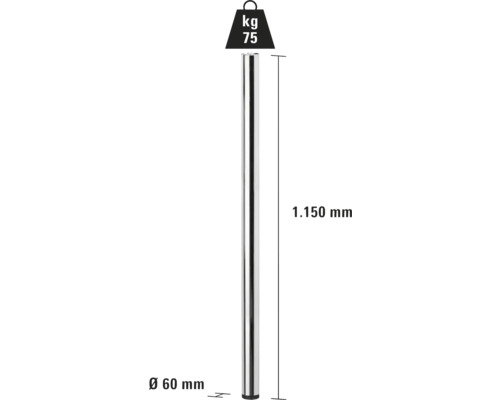 Obrázok podpornej tyče s rozmermi 1150 mm dĺžky a 60 mm priemeru, maximálna nosnosť 75 kg.