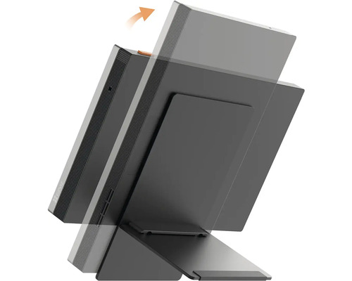 Prenosný monitor s nastaviteľným stojanom a šípkou označujúcou otáčanie